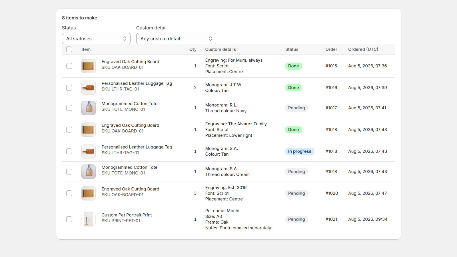 The Craftbench production board, listing personalised items with the customisation details for each one